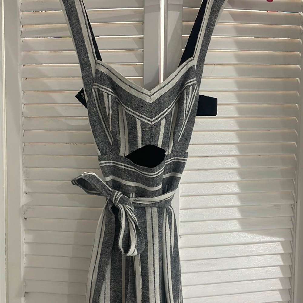 BCBG blue and white striped maxi dress, flowey with crisscross back.